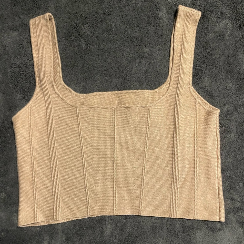 Tan Ribbed Knit Crop Top - Picture 2 of 4